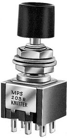 MPS203R, Переключатель: кнопочный; Пол: 2; DPDT; 3A/125ВAC; ON-(ON); круглая