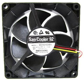 9A0924S401, DC Fans Axial Fan, 92x92x25mm, 24VDC, 58.6CFM, 3.6W, 39dBA, Ball, Lead Wires, Tach