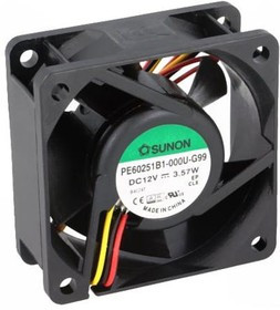 PE60251B1-000U-G99, Вентилятор осевой, 12В DC, 60x60x25мм, подшипник качения, 61,16куб.м/ч, 44дБА, 26AWG