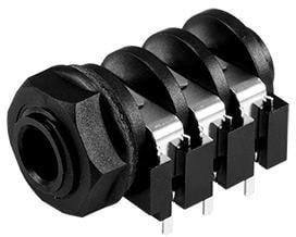 SJ-63073E, Phone Connectors audio jack, 6.35 mm, horizontal, 3 conductor, through hole, 3 switches, w/ nut