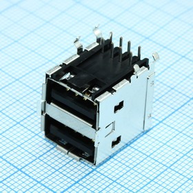 672983091, Разъем USB тип A, USB 3.1, розетка, 8 вывод(-ов), 8 контактов 2 порта Монтаж в Сквозное Отверстие, Прямой Угол