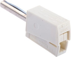 215-611, White Male Banana Plug, 4 mm Connector, Cage Clamp Termination, 20A, 42V, Nickel Plating