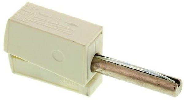 215-611, White Male Banana Plug, 4 mm Connector, Cage Clamp Termination, 20A, 42V, Nickel Plating