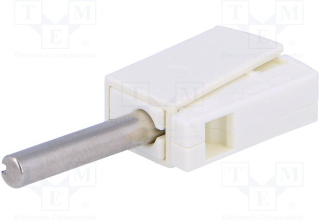 215-611, White Male Banana Plug, 4 mm Connector, Cage Clamp Termination, 20A, 42V, Nickel Plating