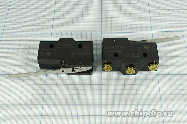 Микропереключатель, размер 49x17 x30, 15А, переключение ON-(ON), размер концевика L65, SF-6045