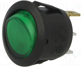 AE-R13112BNAB, ROCKER; SPST; Pos: 2; ON-OFF; 6A/250VAC; green; neon lamp; 230V; R13