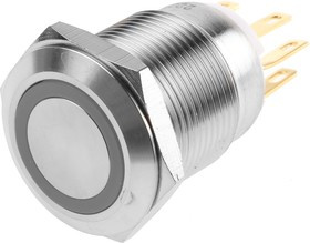 R19FFSSPAGRB220, Illuminated Push Button Switch, Momentary, Panel Mount, 19.2mm Cutout, SPDT, Blue LED, IP65