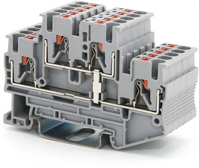 Клемма двухуровневая зажим push-in 4 точки подключения уровни соединены перемычкой 2.5кв.мм сер. DKC VPRTT-2.5-PV-GY