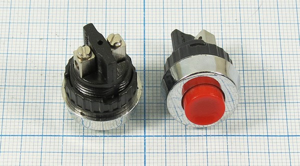 Включатель кнопочный без фиксации OFF-(ON) красного цвета, 220В/ 1А, d15мм; №9823 R ПКн\250\ 1,0\(SPST)\d15\ мет\кр\\2C\CS-338\