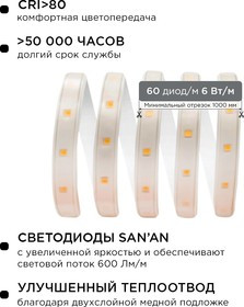 10-56 Светодиодная лента, 220В, 6Вт/м, smd2835, 60д/м, IP65, 600Лм/м, белый шнур ПВХ с прозрачным ра