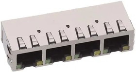 SS74800-007F, Modular Connectors / Ethernet Connectors Harmonica Jacks 4 Ports CAT5E Horizontal (90) 8P 8C PG4 Shielded LEDs