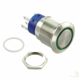 ULV4F23SS331, Pushbutton Switches Anti-vandal, SPDT, On-On, Panel Mount, Front, Silver, LED, Green, IP67