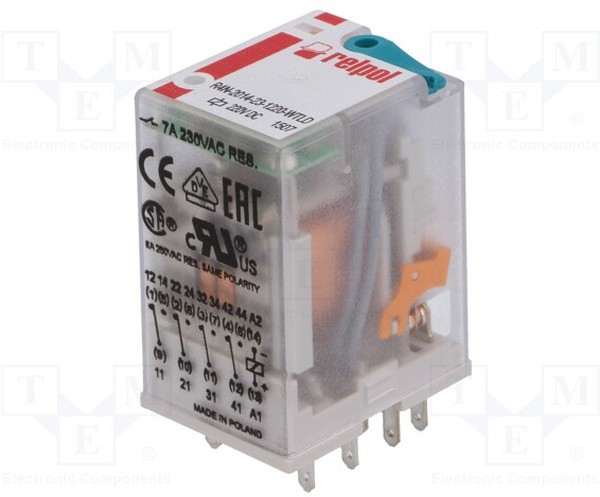 R4N2014231220WTLD, Реле электромагнитное, 4PDT, Uобмотки 220ВDC, 6A/250ВAC, 6A/24ВDC, IP40, монтаж на колодку
