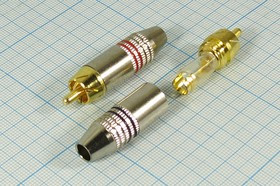 Разъем RCA вилка, 4-6мм, на кабель, никель, красный / золотой