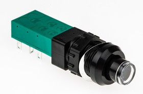 ZNE18 FA200 BK GN 2U EE L, Push Button Switch, Latching, Panel Mount, 14mm Cutout, DPDT, 250V ac