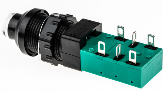 ZNE18 FA200 BK GN 2U EE L, Push Button Switch, Latching, Panel Mount, 14mm Cutout, DPDT, 250V ac