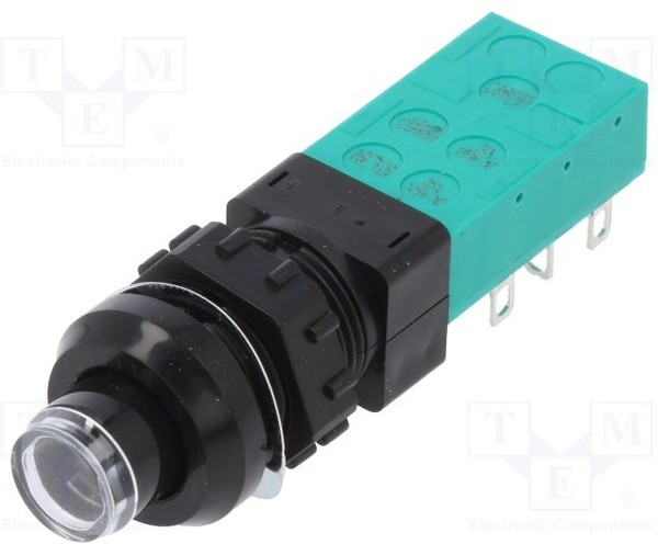 ZNE18 FA200 BK GN 2U EE L, Push Button Switch, Latching, Panel Mount, 14mm Cutout, DPDT, 250V ac
