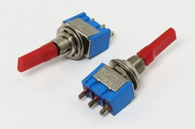 Рычажный переключатель (тумблер), 220В, 3А, переключение ON-OFF-ON, d 6.4, красный, контакты 3C, MTS-103-E1