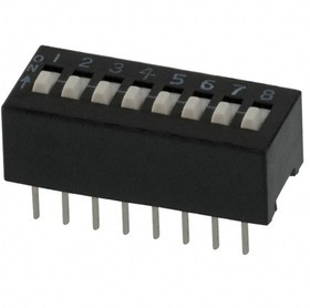 208-8, DIP Switches / SIP Switches DIP switches/SIP switches, SPST, SLIDE ACTUATOR, 8 POS, Thru-Hole, UNSEALED, TUBE, OFF