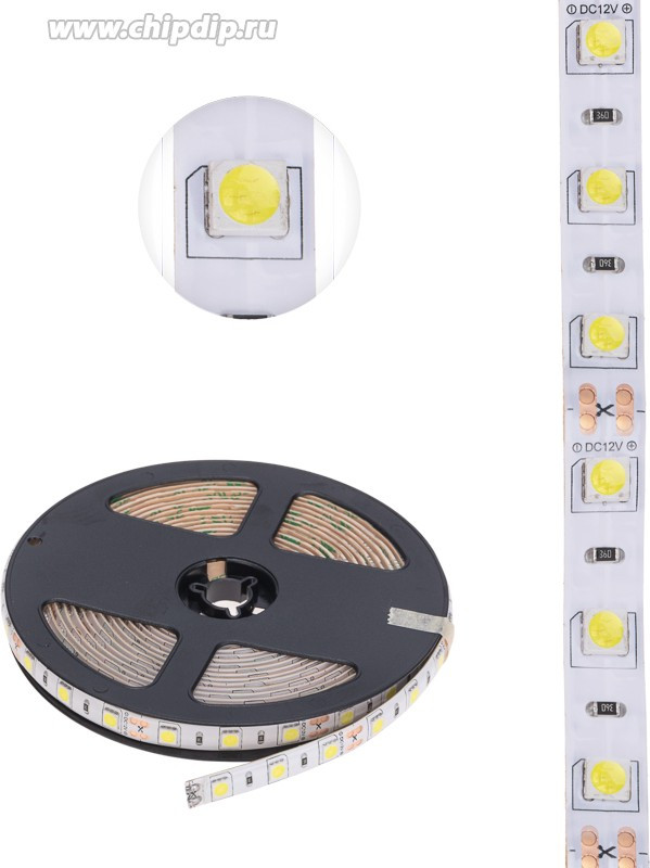 141-2027, Лента светодиодная 12В, SMD5050, 14,4Вт/м, 60 LED/м, 6500К, 10мм, 5м, для БП с клеммами, IP65 141-2027, Лента светодиодная 12В, SMD5050, 14,4Вт/м, 60 LED/м, 6500К, 10мм, 5м, для БП с клеммами, IP65