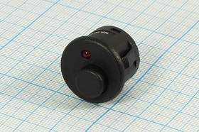 Кнопка без фиксации (SPST), OFF-(ON) черный с красным индикатором включения, 12В/10А; №10669 ПКн\ 12\10\(SPST)\d20\чер\ ILкрСд\\3T\R13-559A1