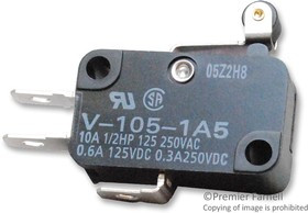 V-105-1A5, MICROSWITCH, SHORT HINGE ROLLER, SPDT, 10A, 250VAC