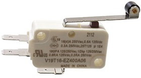 V19T16-EZ400A06, микропереключатель SPDT лапка с роликом 250В 16A фастон 4,7мм 4.92N