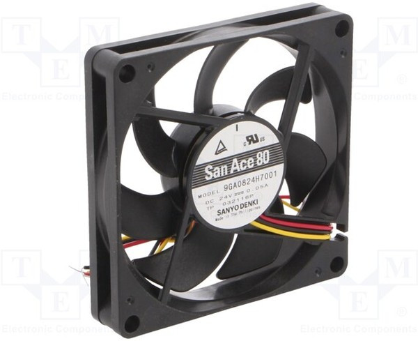 9GA0824H7001, Вентилятор осевой 80x80x15 мм, 24В, DC, 1,2W, 0,05A, 53,32куб.м/ч, 4провода(tach, pwm), 29,0dBA