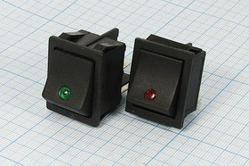 Клавишный выключатель 2-x полюсной с красной подсветкой 220В/15А, c фиксацией; №10600R Пкл\\15\2xON-OFF\\ чер\ILСдкр\\4T\SC767d\