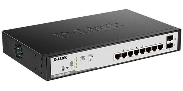 DGS-1100-10MPV2/A3A Настраиваемый L2 коммутатор с 8 портами 10/100/1000Base-T и 2 портами 1000Base-X SFP (8 портов PoE 802.3af/at, PoE-бюдже