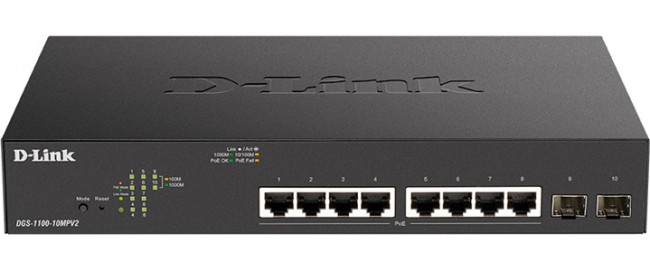 DGS-1100-10MPV2/A3A Настраиваемый L2 коммутатор с 8 портами 10/100/1000Base-T и 2 портами 1000Base-X SFP (8 портов PoE 802.3af/at, PoE-бюдже