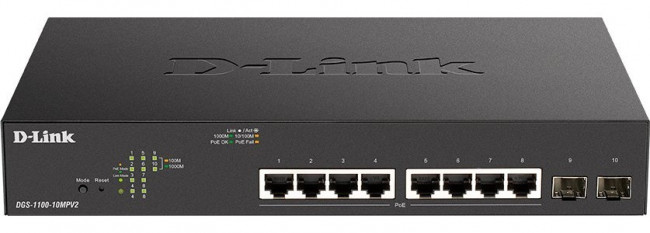 DGS-1100-10MPV2/A3A Настраиваемый L2 коммутатор с 8 портами 10/100/1000Base-T и 2 портами 1000Base-X SFP (8 портов PoE 802.3af/at, PoE-бюдже