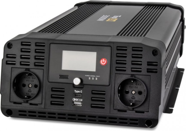 Автомобильный инвертор TopON TOP-PI3000 3000W 2 розетки, чистый синус, Type-C PD, USB QC, LCD экран, пиковая мощность 6000W Черный