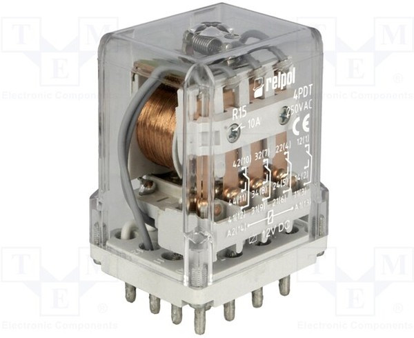 R15-4P-12VDC, Реле промышленное, 4PDT контакты, Uобмотки 12VDC, 10A/250ВAC R15-4P-12VDC, Реле промышленное, 4PDT контакты, Uобмотки 12VDC, 10A/250ВAC