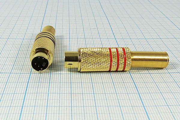 Разъем (miniDIN) [S-VHS] вилка, контакты 4P, монтаж на кабель, пружинный хвост,Au, [S-VHS]