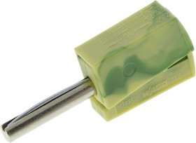 215-911, Green/Yellow Male Banana Plug, 4 mm Connector, Cage Clamp Termination, 20A, 42V, Nickel Plating