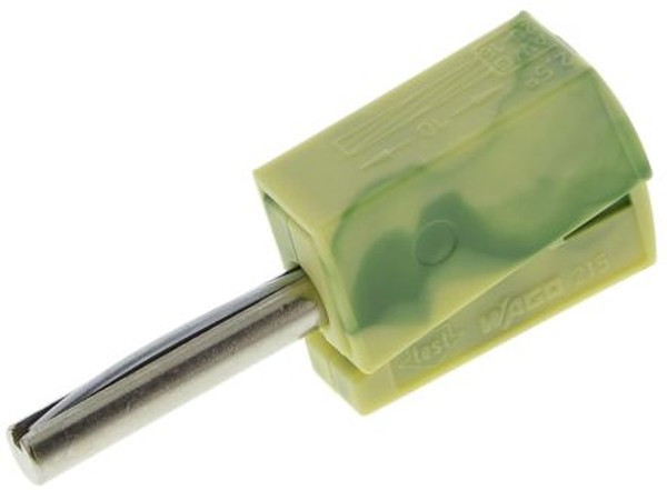 215-911, Green/Yellow Male Banana Plug, 4 mm Connector, Cage Clamp Termination, 20A, 42V, Nickel Plating