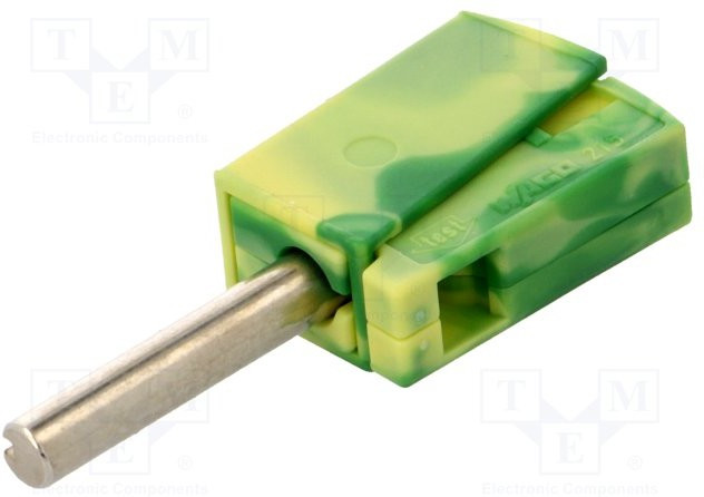 215-911, Green/Yellow Male Banana Plug, 4 mm Connector, Cage Clamp Termination, 20A, 42V, Nickel Plating