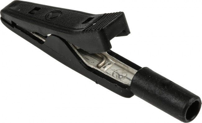 973584100, Crocodile Clip 2 mm Connection, Brass, Bronze Contact, 8A, Black