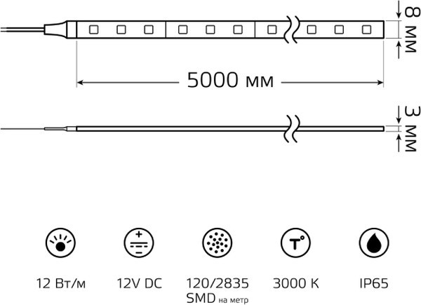 Gauss Лента Basic в комплекте 12V 12W/m 1200lm/m 3000K IP65 LED 5m 1/50