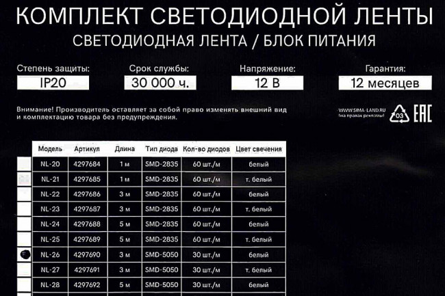 Светодиодный комплект, 220В, белый, 7,2Вт/м, SMD5050, IP20, 3м; №14702Б СДЛ\комплект\220В\бел\ 7,2Вт/м\SMD5050\IP20\\3м\