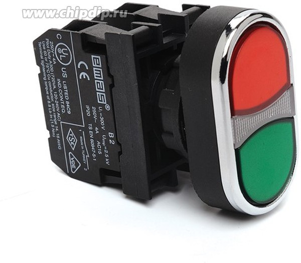 B102K20KY, Кнопка нажимная сдвоенная красно-зелёная, 1НО+1НЗ, серия B, 250 В AC, 4 А