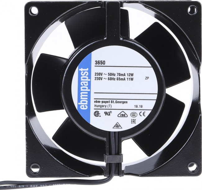 3650, 3000 Series Axial Fan, 230 V ac, AC Operation, 75m³/h, 12W, 52mA Max, 92 x 92 x 38mm 3650, 3000 Series Axial Fan, 230 V ac, AC Operation, 75m³/h, 12W, 52mA Max, 92 x 92 x 38mm