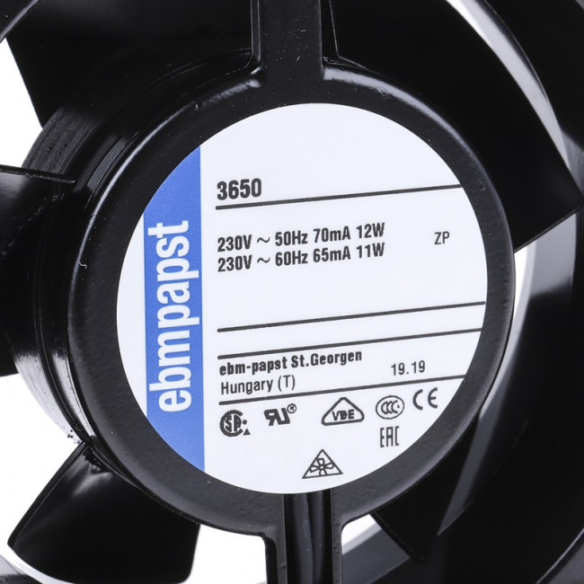 3650, 3000 Series Axial Fan, 230 V ac, AC Operation, 75m³/h, 12W, 52mA Max, 92 x 92 x 38mm 3650, 3000 Series Axial Fan, 230 V ac, AC Operation, 75m³/h, 12W, 52mA Max, 92 x 92 x 38mm