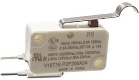 V19T16-P2P200A04, микропереключатель SPST-NC лапка с изгибом 250В 16A в плату 1.96N