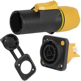 NAC3MX-W-R, Разъем питания с фиксатором , 3 контакта, 16 А, 250 В, 3 мОм, на панель, крепление корпуса винтовое, корпус PA66, черный/желтый