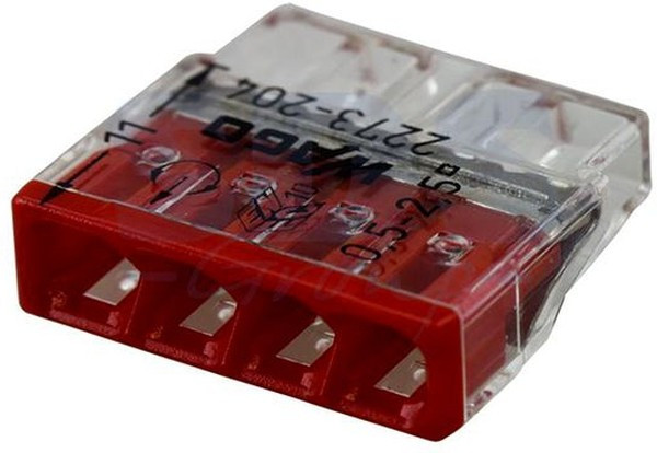 Wago клеммы для одножильных проводников; макс. 2,5 мм²; 4-проводн.; прозрачный корпус; красная крышка Wago клеммы для одножильных проводников; макс. 2,5 мм²; 4-проводн.; прозрачный корпус; красная крышка
