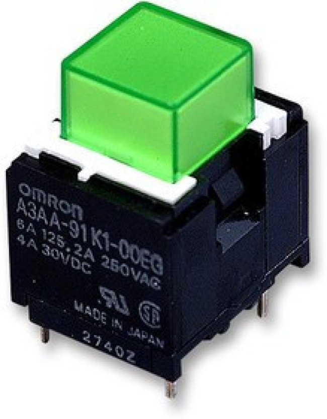 A3AA-91K1-00EG, Кнопочный переключатель, Серия A3A, SPST-NO, Выкл.-(Вкл.), Квадратный, Зеленый A3AA-91K1-00EG, Кнопочный переключатель, Серия A3A, SPST-NO, Выкл.-(Вкл.), Квадратный, Зеленый
