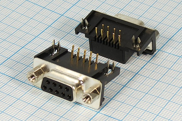 DRB-09FB, Разъем D-SUB 9 контактов, розетка угловая на плату, 9.4мм