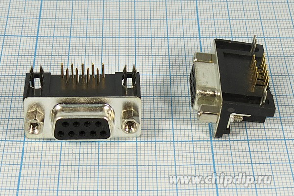 DRB-09FB, Разъем D-SUB 9 контактов, розетка угловая на плату, 9.4мм
